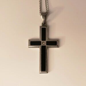 Men's Stainless Steel Cross Pendant Necklace Black Silvertone Chain 19"